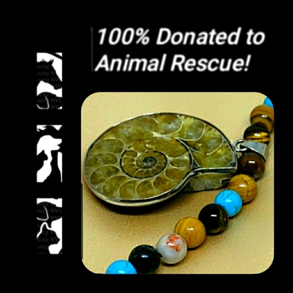 Sale: Ammonite Fossil Sterling Silver Turquoise & Natural Polished Bead Necklace